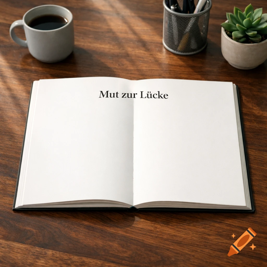 An open book displaying "Mut zur Lücke" on a wooden desk, accompanied by a coffee mug, pen holder, and a small succulent.