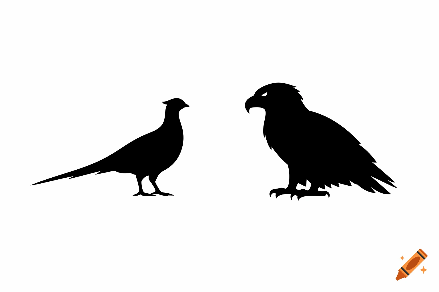Black silhouettes of a pheasant and an eagle facing each other on a white background.