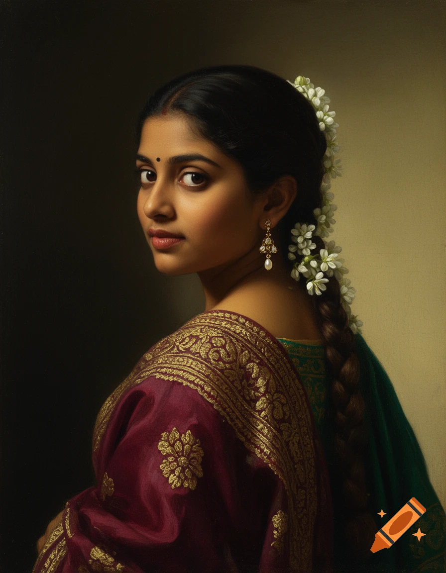 Classical portrait of an Indian woman with dark hair, white flowers, a pearl earring, and a maroon and gold sari, looking over her shoulder.