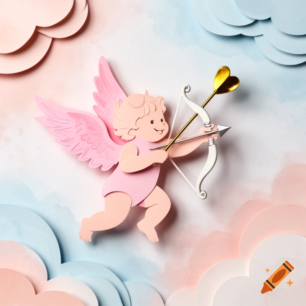 A pink paper cutout style Cupid with pink wings, holding a white bow and a gold heart-tipped arrow, against a background of pastel pink and blue paper clouds.