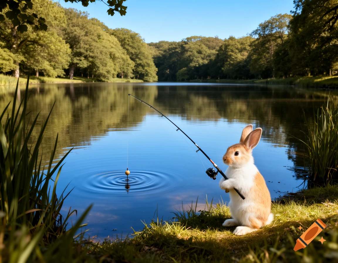 A cute, fluffy brown and white rabbit sits by a serene lake, holding a fishing rod with a bobber creating ripples in the water.