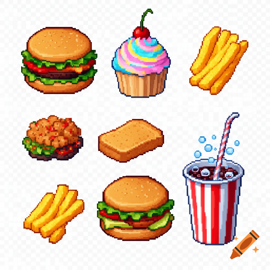 Pixel art collection of fast food icons including hamburgers, french fries, a cupcake, toast, and soda on a transparent background.