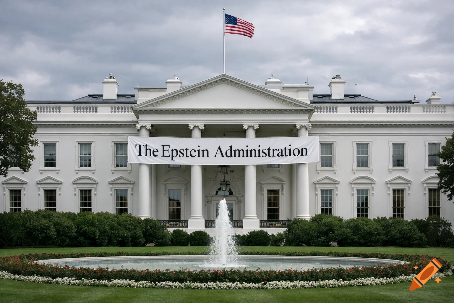 A photorealistic image of the White House under a cloudy sky, with a large banner across its facade reading "The Epstein Administration". An American flag flies above the building, and a fountain is in the foreground.
