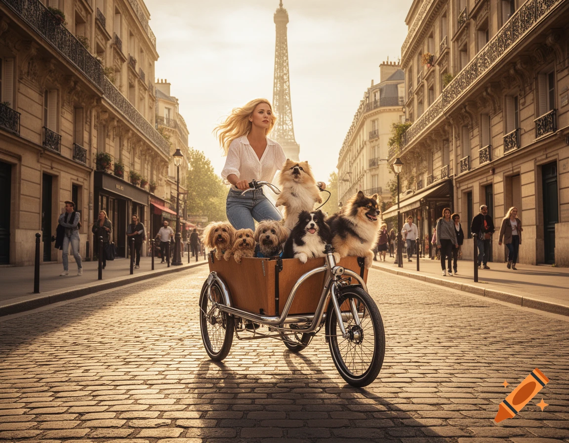 A blonde woman rides a cargo bike full of dogs down a cobblestone street in Paris, with the Eiffel Tower in the background.