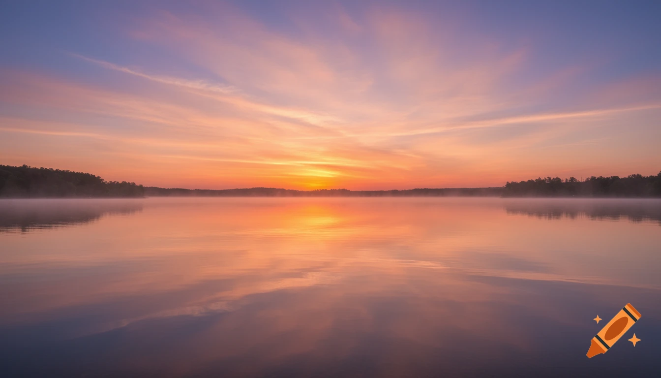 A serene sunrise over a calm lake, with colorful orange and purple clouds reflected in the misty water and a dark treeline in the distance.