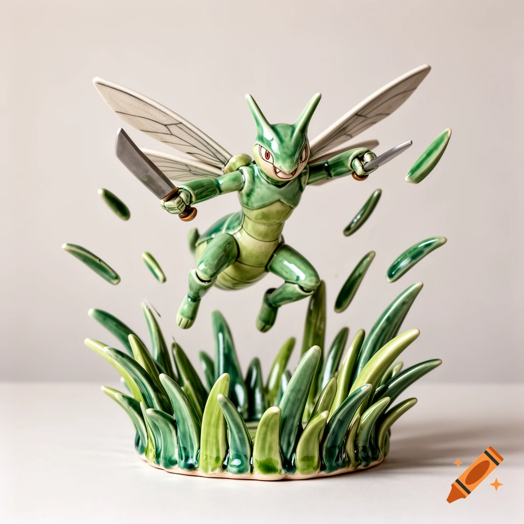 A whimsical ceramic Scyther Pokemon figure with blades, leaping from green ceramic grass with flying grass pieces.
