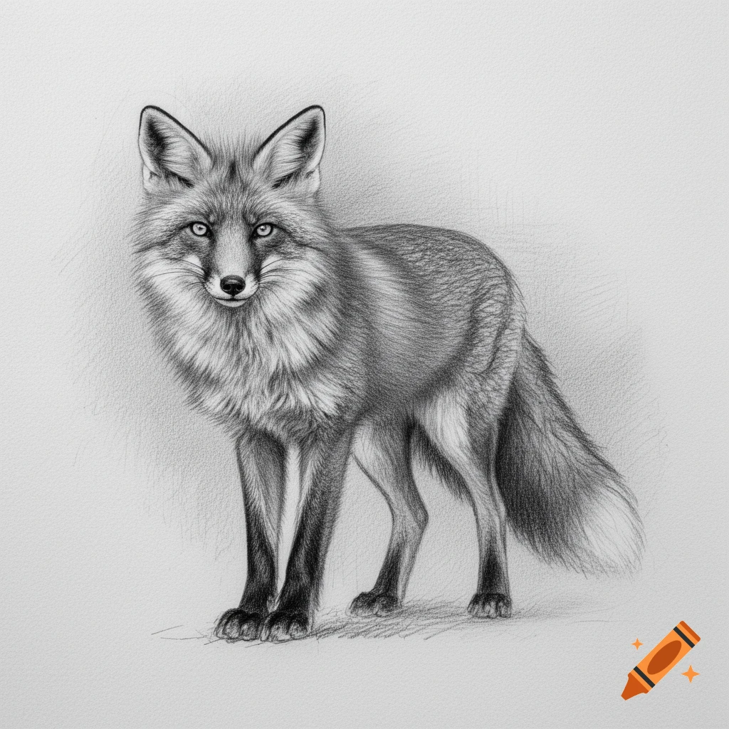 Detailed black and white pencil sketch of a fox standing, looking forward with bright eyes.