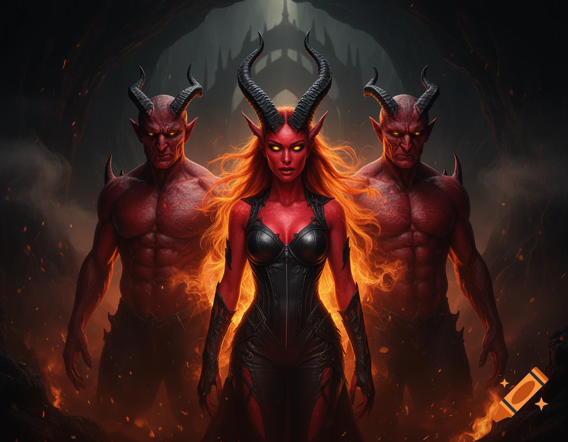 A female devil with fiery hair stands between two red-skinned, horned male devils in a dark, fiery, hellish landscape.