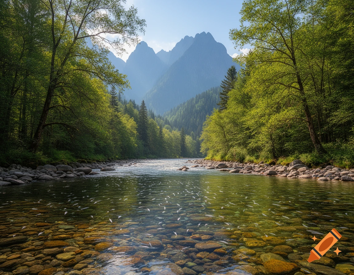 A photorealistic view of a clear river with visible rocks and many fish, flowing through a vibrant green forest with distant mountains.