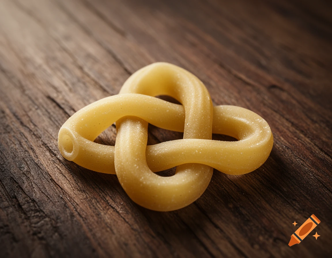 Close-up of a golden-yellow pasta knot, resembling the Valknut symbol, resting on a dark rustic wooden table. Photorealistic macro shot with shallow depth of field.