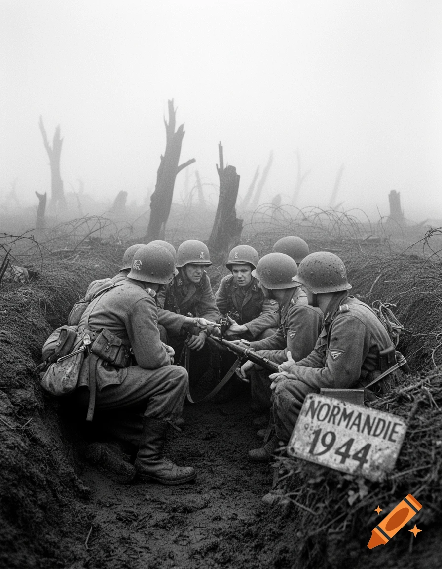 Black and white photograph of five soldiers gathered in a muddy trench ...