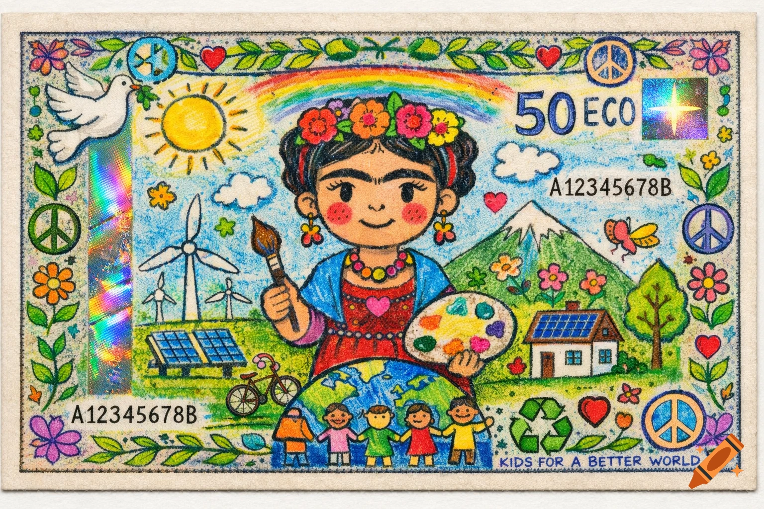 Childlike crayon drawing of a banknote featuring cartoon Frida Kahlo, peace signs, sustainability elements, and children.