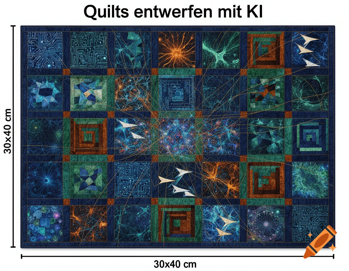 A colorful quilt design with abstract patterns resembling circuit boards and neural networks, displaying the text "Quilts entwerfen mit KI" and dimensions "30x40 cm".