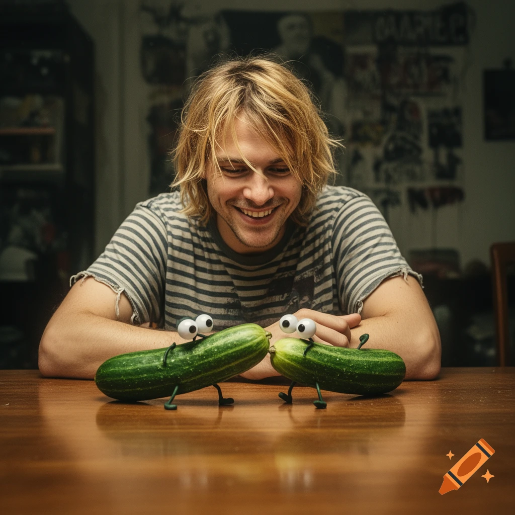 A smiling Kurt Cobain with long blonde hair looks down at two cucumbers with googly eyes and legs on a wooden table.