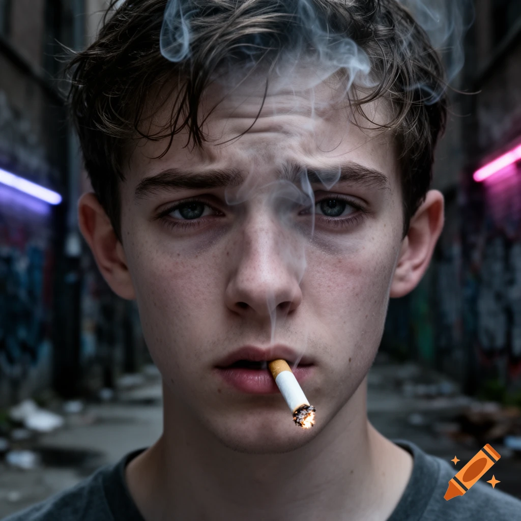 Close-up photorealistic portrait of a young man smoking a cigarette in a gritty urban alley with neon lights.