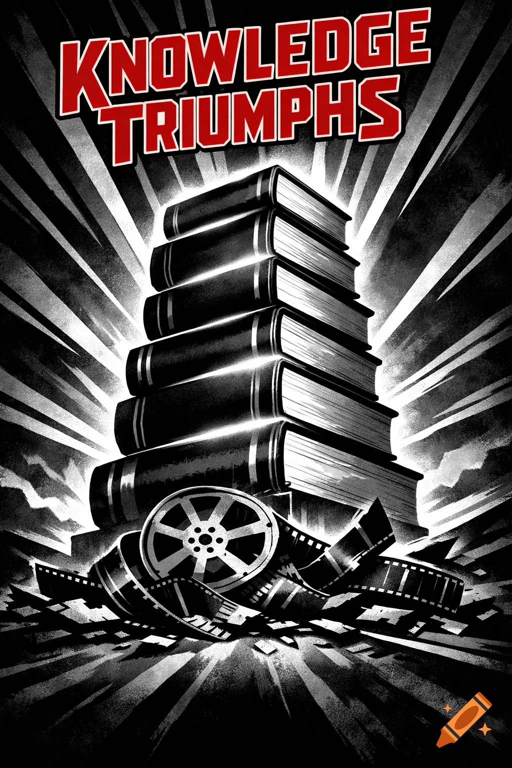 A high-contrast propaganda poster features red text 'KNOWLEDGE TRIUMPHS' above a towering stack of books and a torn film reel.