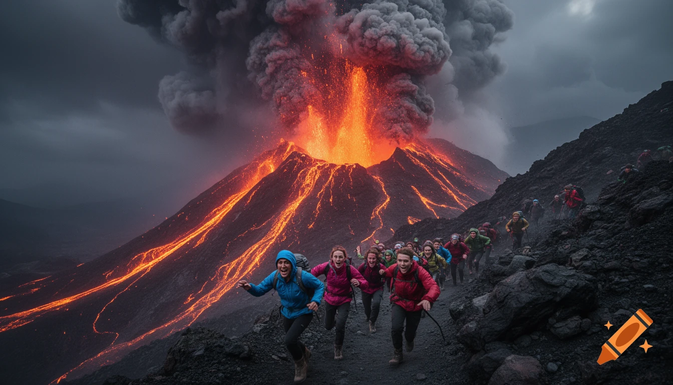 People in colorful outdoor gear run away from a massive, erupting volcano with bright orange lava flowing down its dark slopes under a stormy sky.