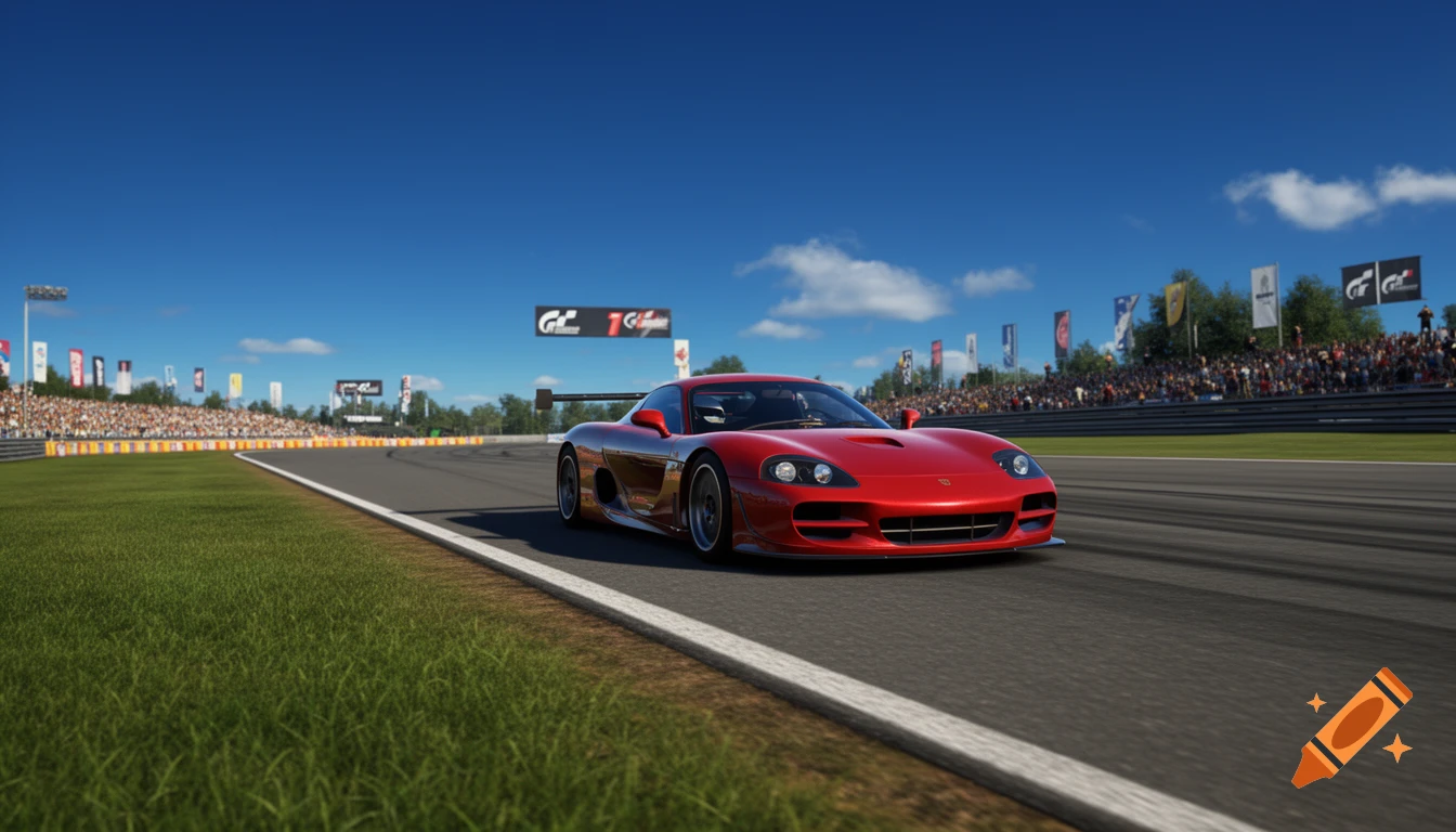A red sports car on a race track under a blue sky, with crowds in the stands.