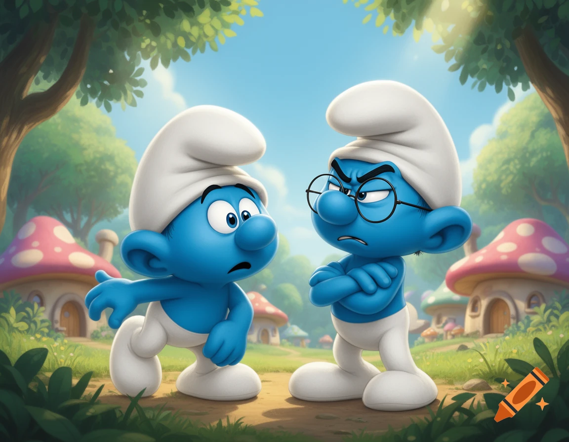 A surprised Smurf looks at an angry, glasses-wearing Smurf with crossed arms in a vibrant Smurf village with mushroom houses.