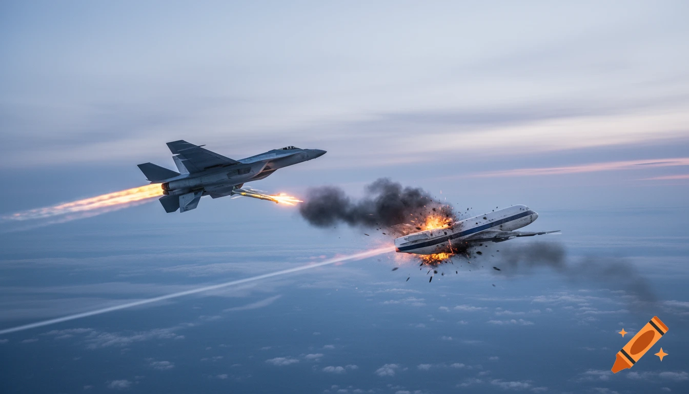 A fighter jet launches a missile, hitting and exploding a cargo plane in the sky at dusk.