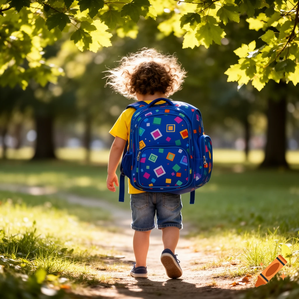 A young child with curly hair walks away on a sunny path, wearing a large blue backpack decorated with colorful shapes.