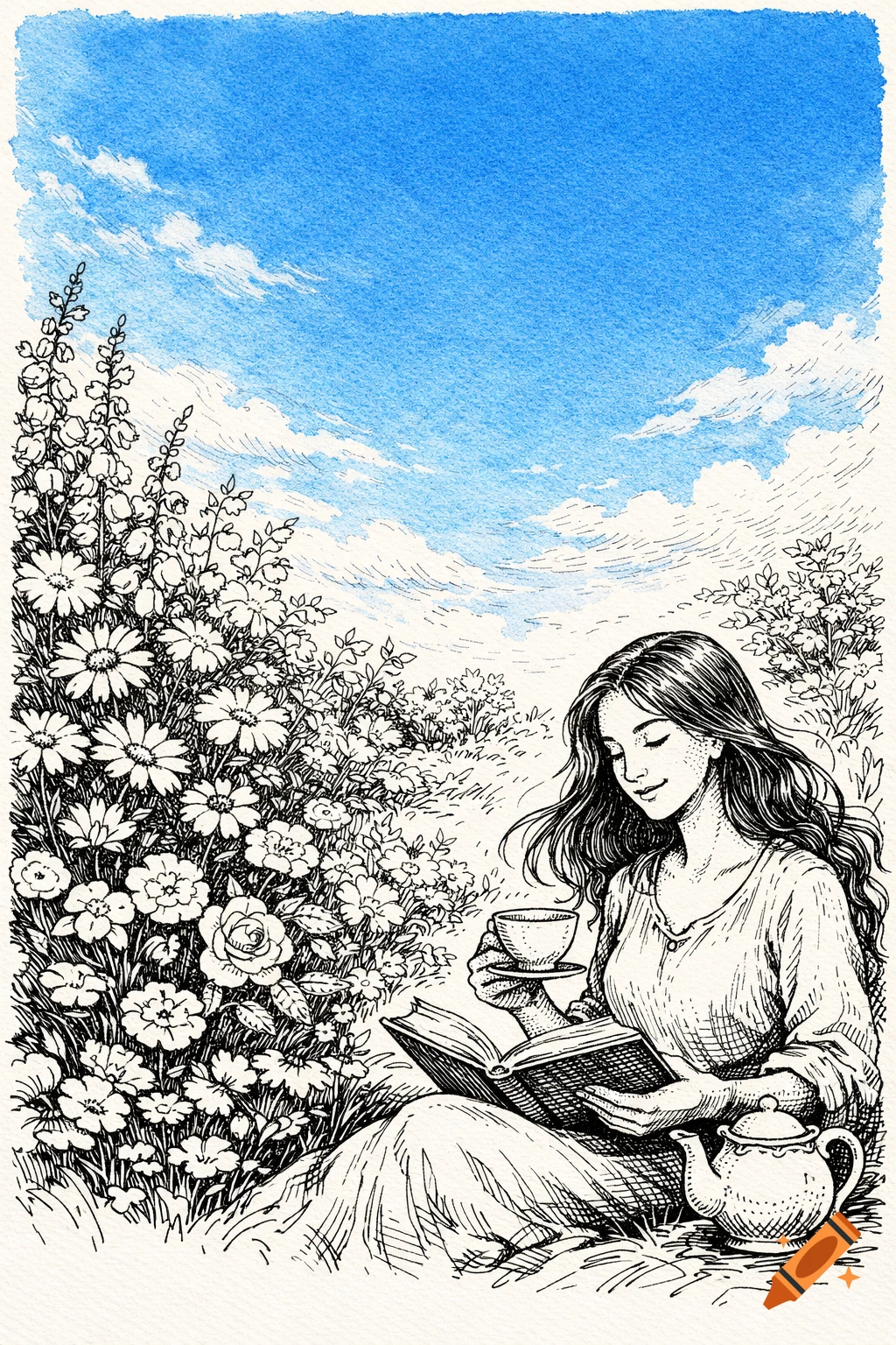 An ink and watercolor drawing of a woman with long hair reading a book and holding a teacup in a flower garden under a blue sky.
