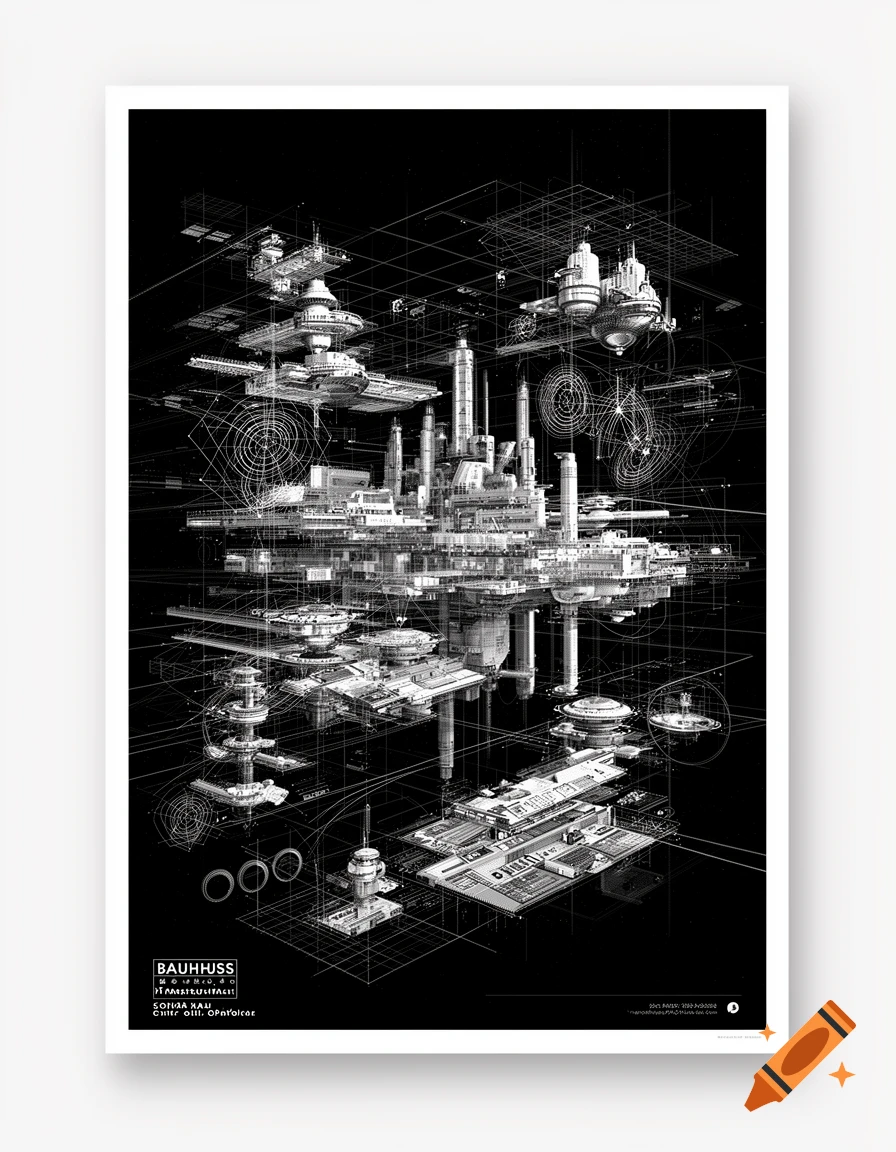 A monochromatic, detailed architectural blueprint of a futuristic industrial space colony and planetary infrastructure, featuring brutalist forms, orbital factories, and geometric gridlines in a Bauhaus-style poster.