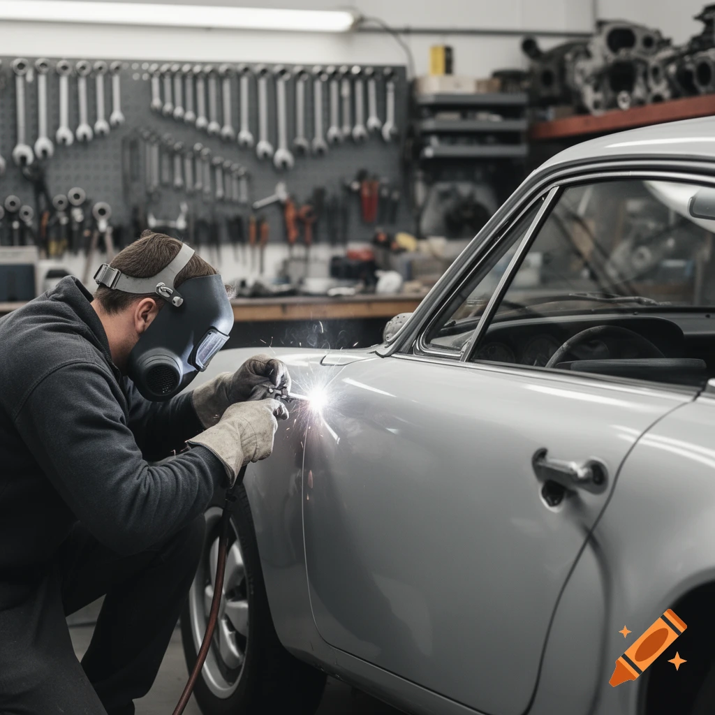 A person in a welding mask and gloves performs repairs by welding the side of a silver classic car in a workshop.