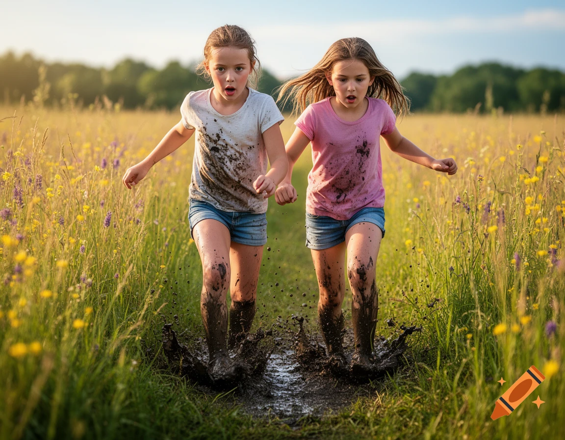Two young girls with surprised expressions run through a muddy path in a sunlit field, splashing mud.