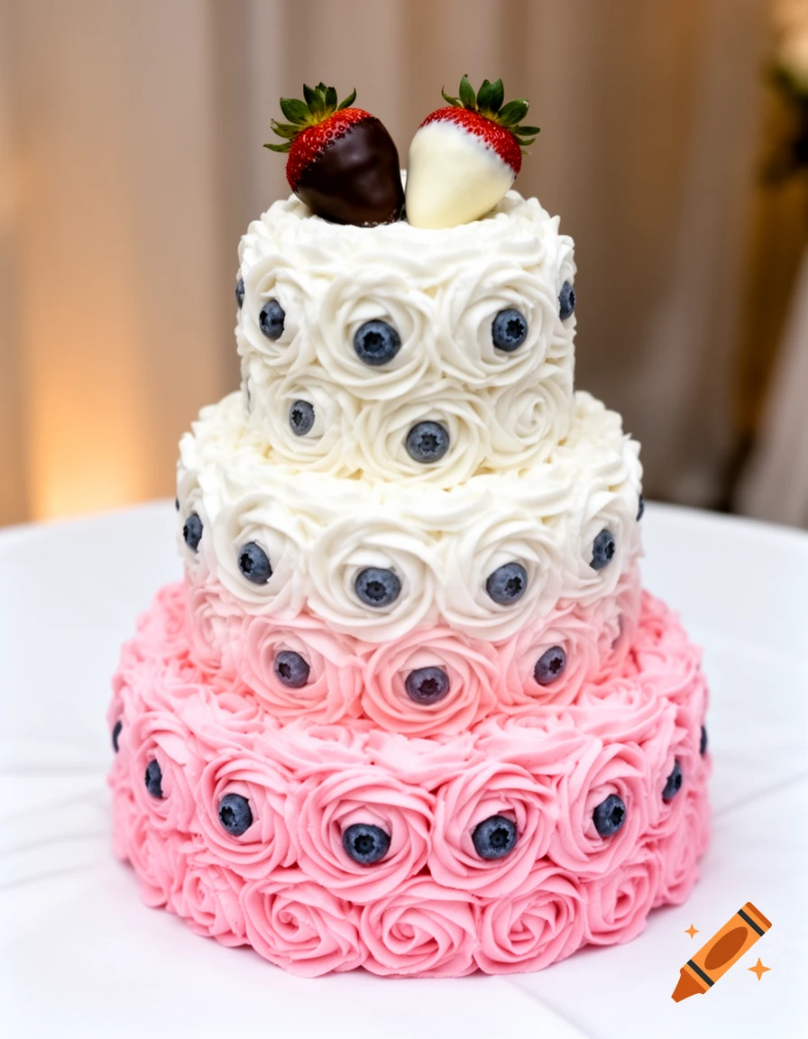 A three-tier pink and white ombre ruffle cake decorated with buttercream roses, blueberries, and chocolate-dipped strawberries.