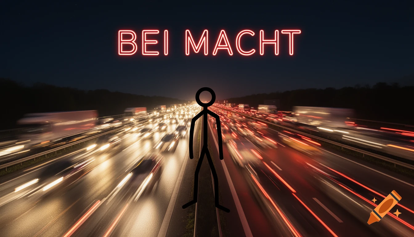 A black stick figure stands in the middle of a busy highway at night with glowing traffic lights, under a neon sign that reads 'BEI MACHT'.
