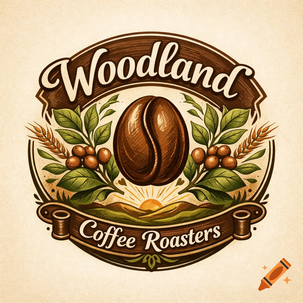 A vintage-style oval logo for Woodland Coffee Roasters, featuring a large coffee bean surrounded by leaves, berries, wheat, and a sunrise over hills.