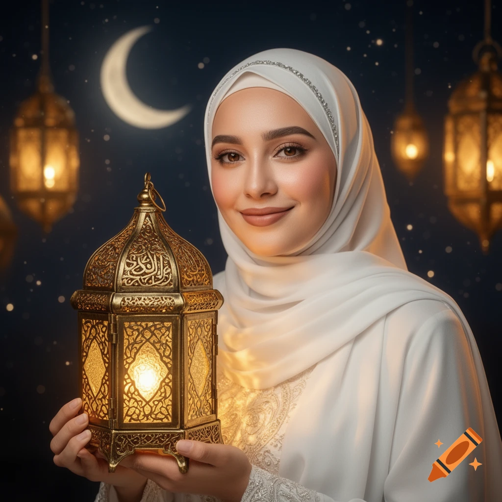 Ultra-realistic portrait of a smiling woman in a white hijab holding a glowing golden Ramadan lantern against a starry night sky with a crescent moon.