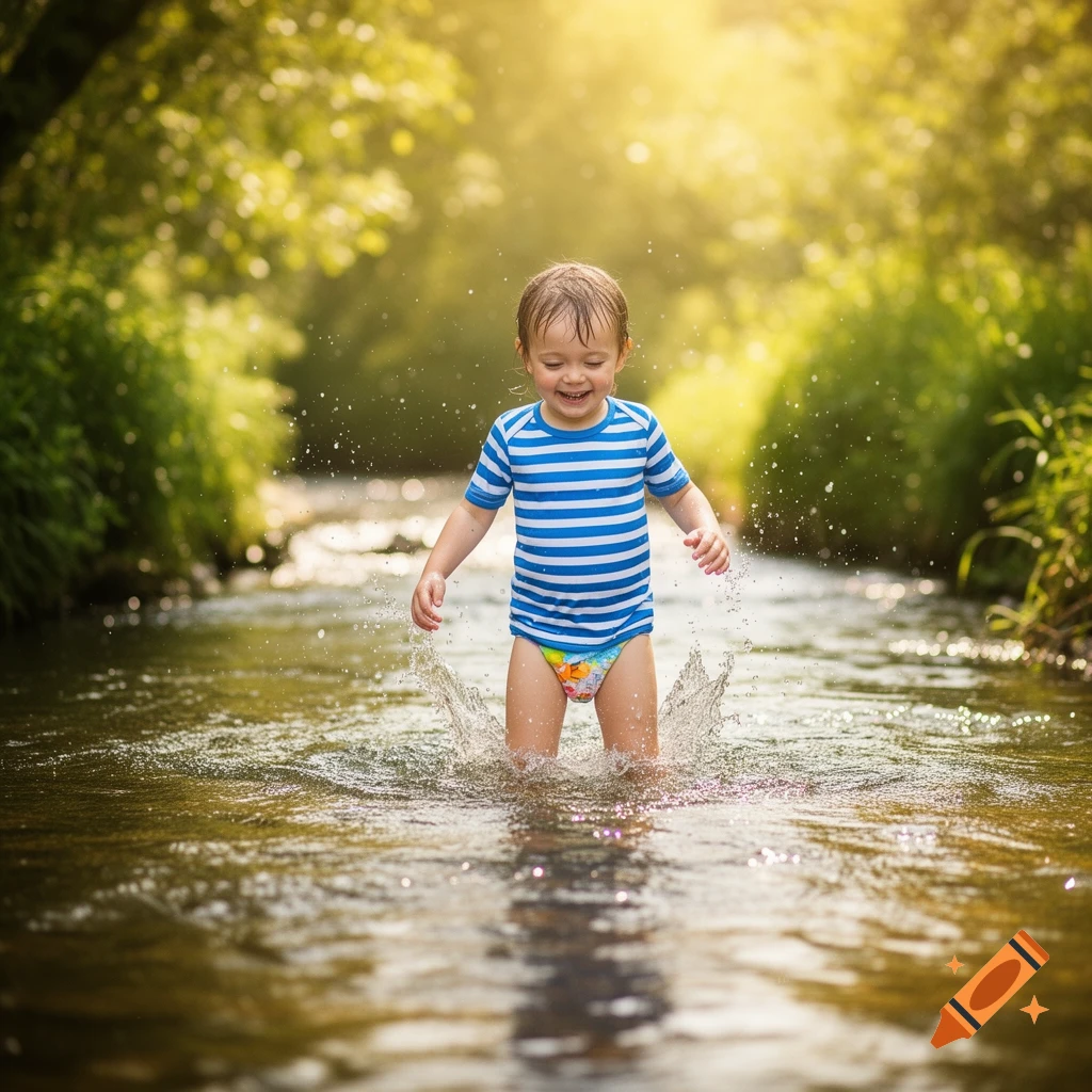 A happy toddler in a striped shirt and colorful diaper splashes in a shallow sunlit stream amidst green foliage.