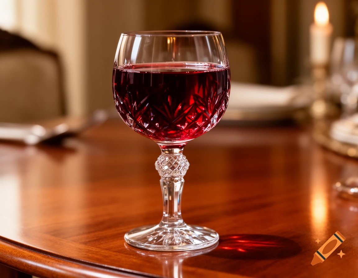 A crystal wine glass filled with red wine sits on a polished wooden table, casting a red shadow. A candle is blurred in the background.
