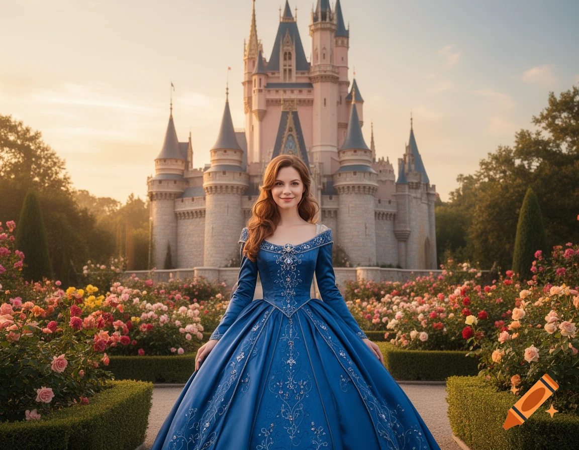 A smiling princess in an elaborate blue gown stands in a rose garden before a grand fairytale castle at sunset. Photorealistic.