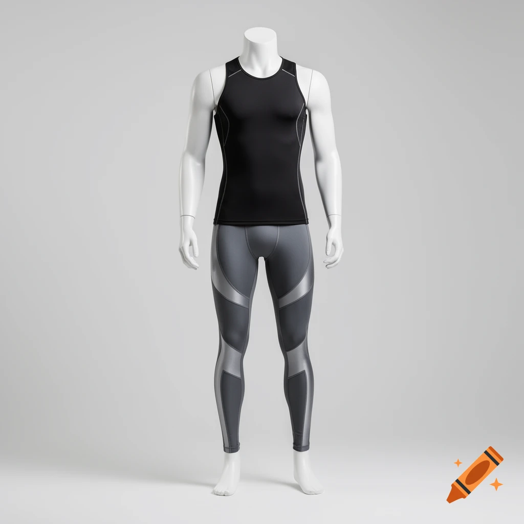 Mannequin wearing a black sleeveless compression shirt and gray athletic leggings with silver accents on a light background.