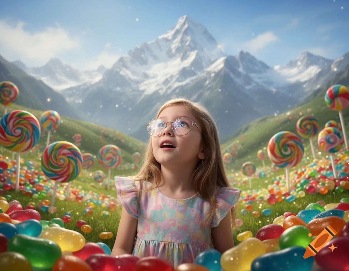 A little girl in glasses looks up in awe amidst a vibrant candy land of lollipops and jelly beans, with snow-capped mountains in the background.