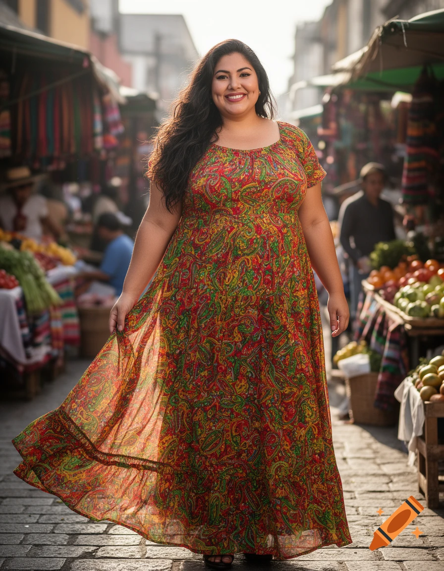 A smiling curvy woman in a long, flowing paisley-print dress stands in a bustling outdoor street market.