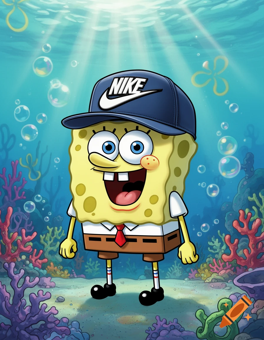 Spongebob Squarepants smiles underwater, wearing a blue baseball cap with the white Nike logo. Colorful coral surrounds him.