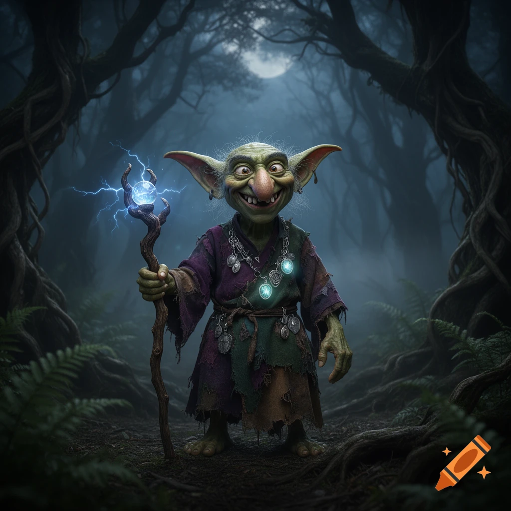 A goofy green goblin warlock with big ears, a long nose, and tattered robes smiles in a dark, misty forest, holding a glowing staff.
