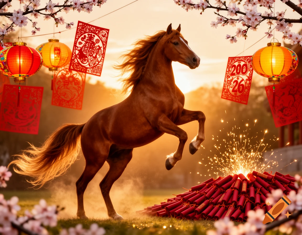 A brown horse rears up amidst sparkling firecrackers under a sunset sky, surrounded by hanging red lanterns, paper cutouts, and cherry blossoms, in a photorealistic style.