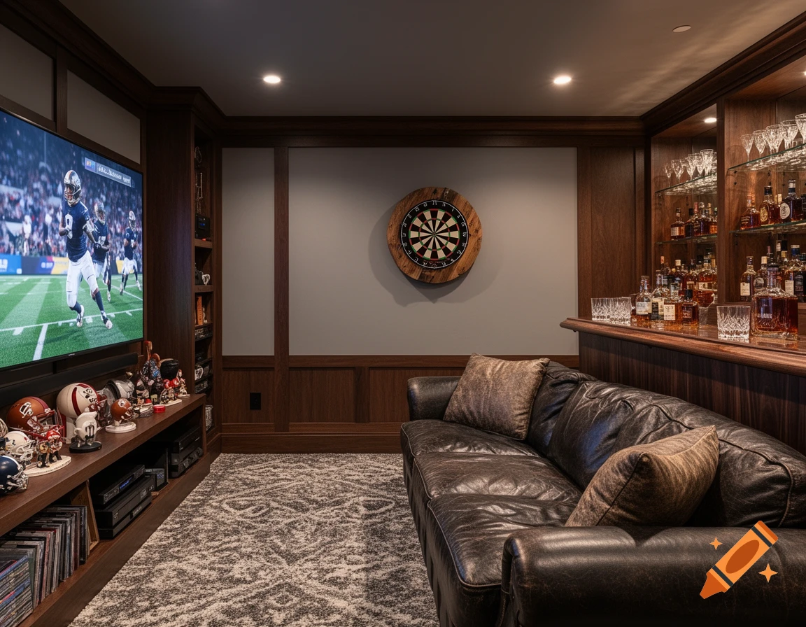 A luxurious man cave featuring a large TV showing a football game, a dartboard, a fully stocked bar with liquor bottles, and a comfortable leather sofa with patterned pillows, all within a room with dark wood paneling and a patterned rug.