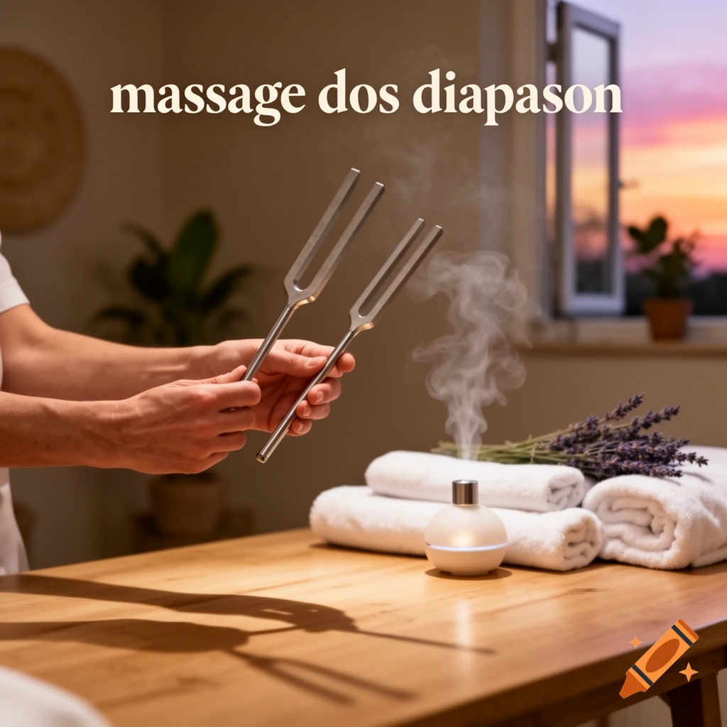 Person holds two tuning forks over a wooden table with an aromatherapy diffuser, lavender, and towels, against a sunset window.
