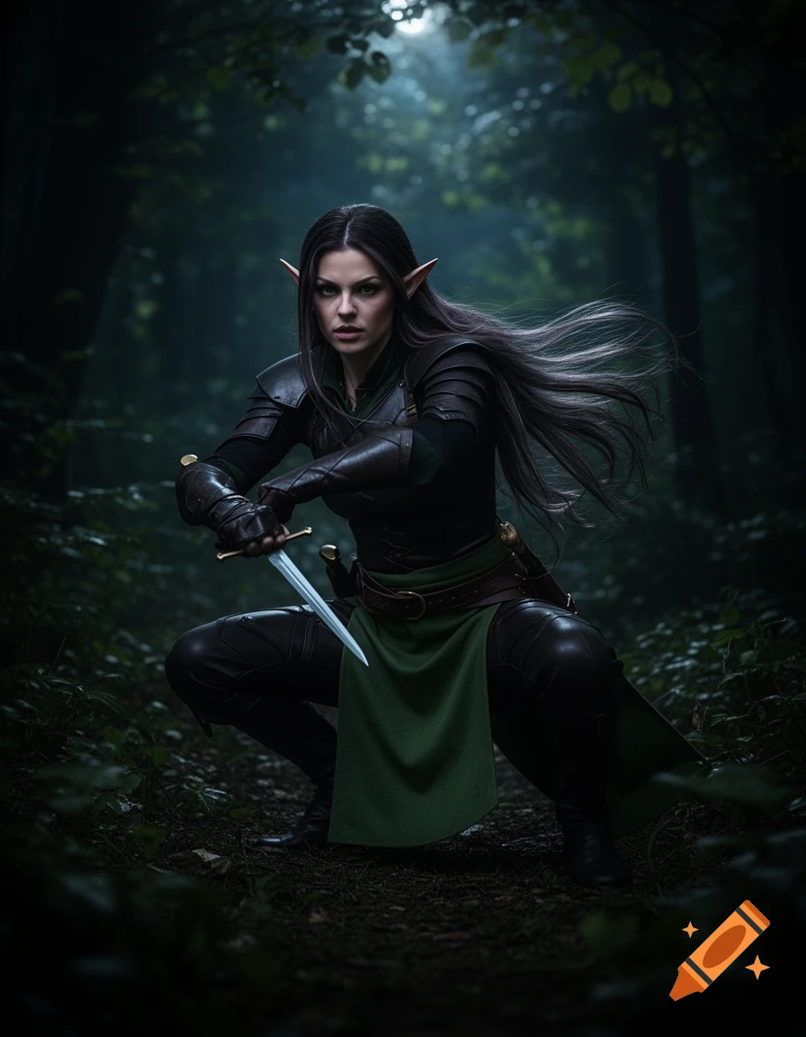 A female elf in dark leather armor crouches in a dark forest, holding a dagger, in a photorealistic style.
