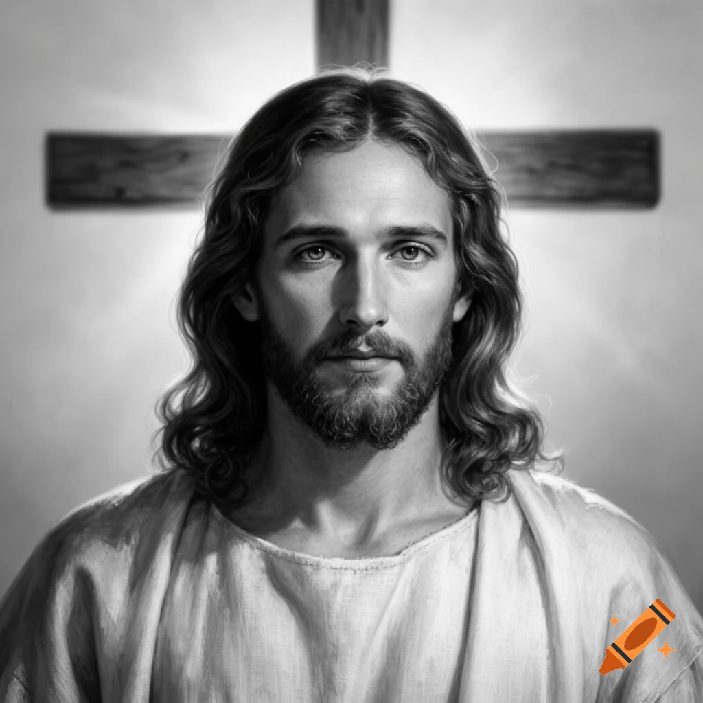 Black and white portrait of Jesus with long hair and a beard, wearing a robe, against a glowing cross.