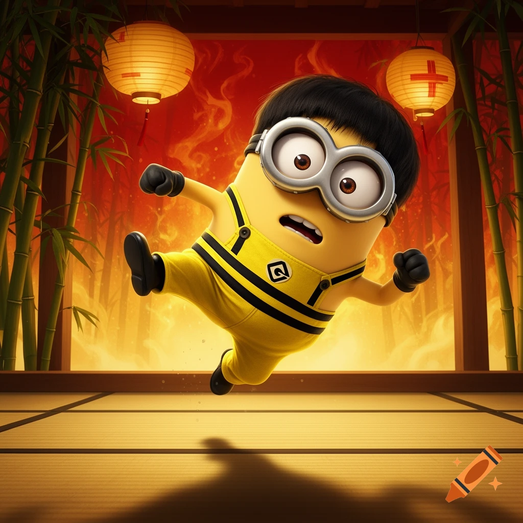 A Minion in a yellow and black martial arts gi performs a mid-air kick in a Japanese-style room with lanterns and bamboo.