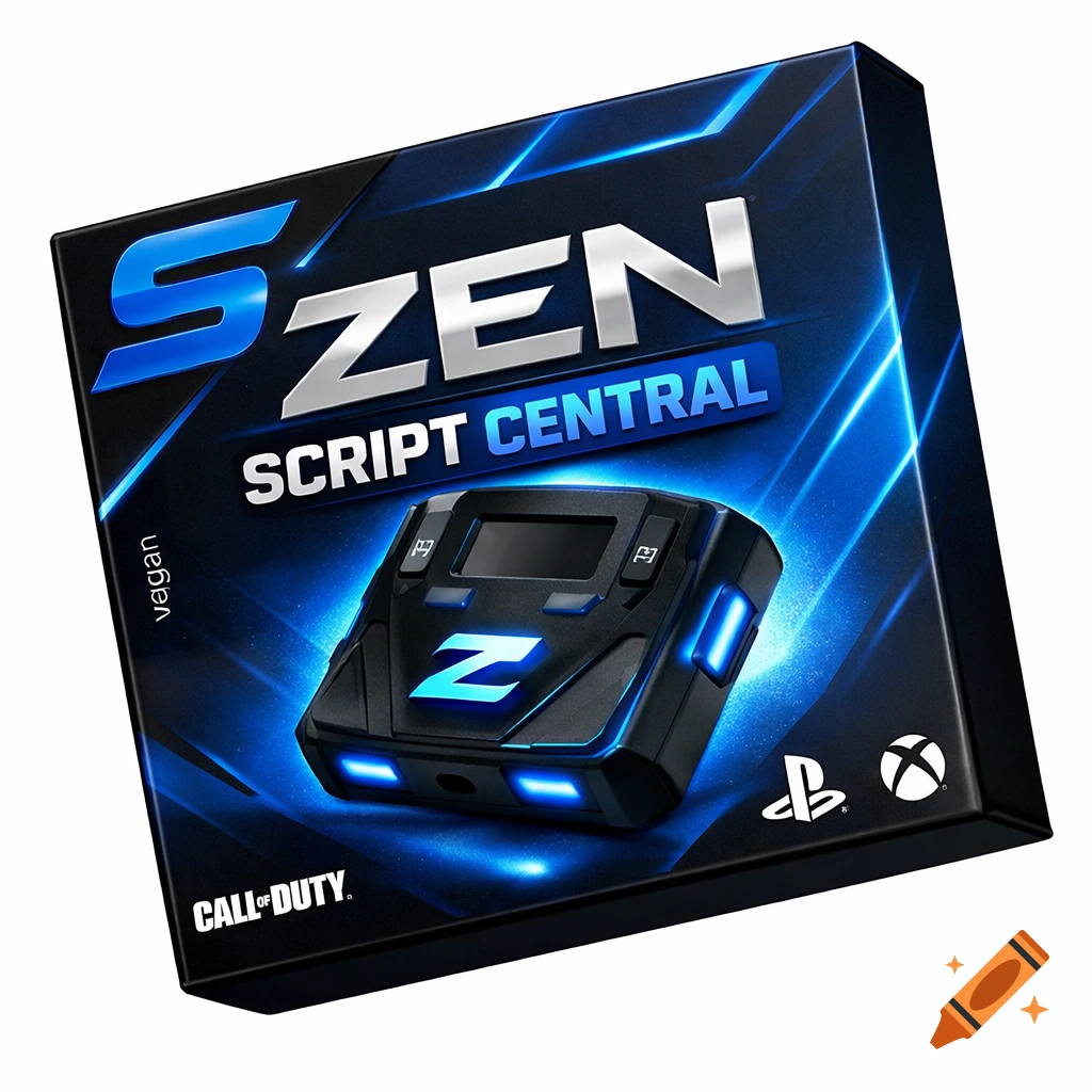 3D tilted gaming product packaging for 'SZEN SCRIPT CENTRAL' featuring a glowing Zen device, 'Call of Duty', PlayStation, and Xbox logos, in blue and black.