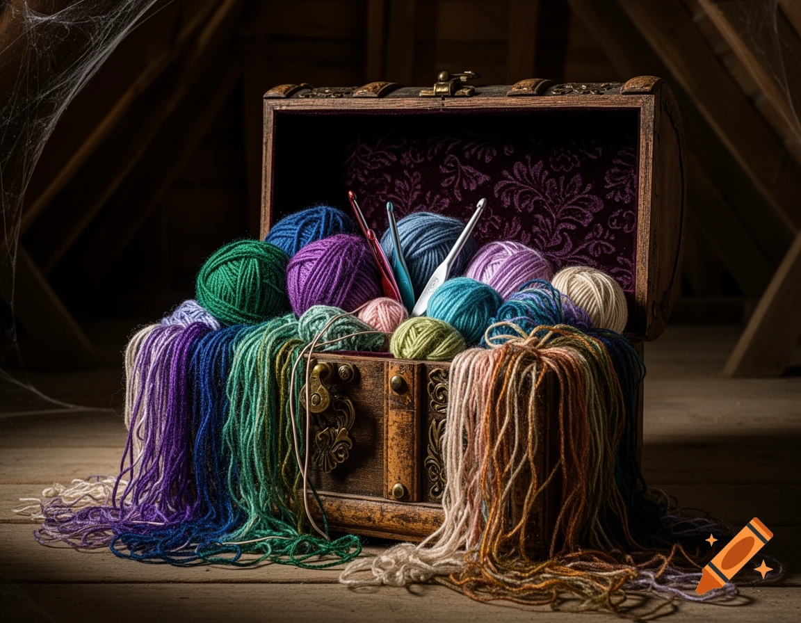 A wooden treasure chest overflows with colorful balls of yarn and crochet hooks, sitting on a dusty wooden floor in an attic with cobwebs.