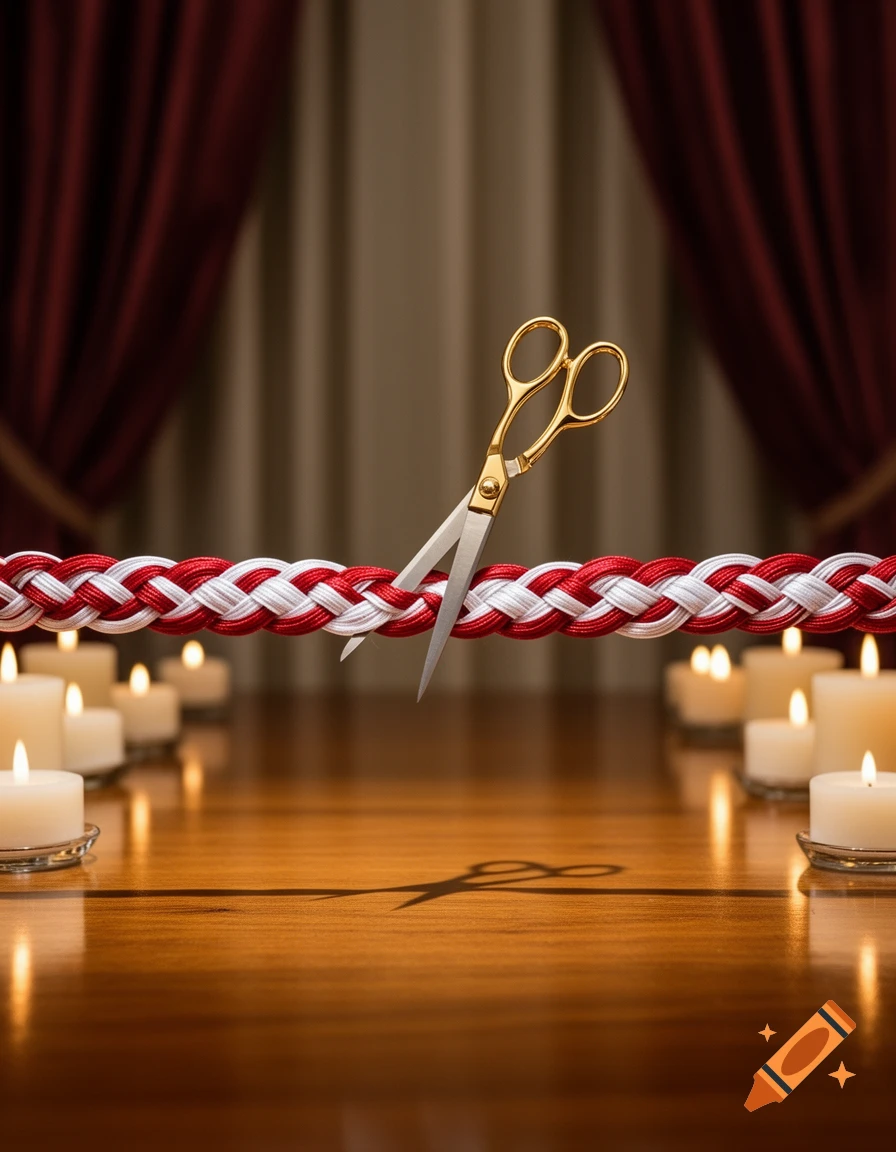 Golden scissors cut a braided red and white rope over a polished wooden table with glowing candles and red curtains in a photorealistic style.